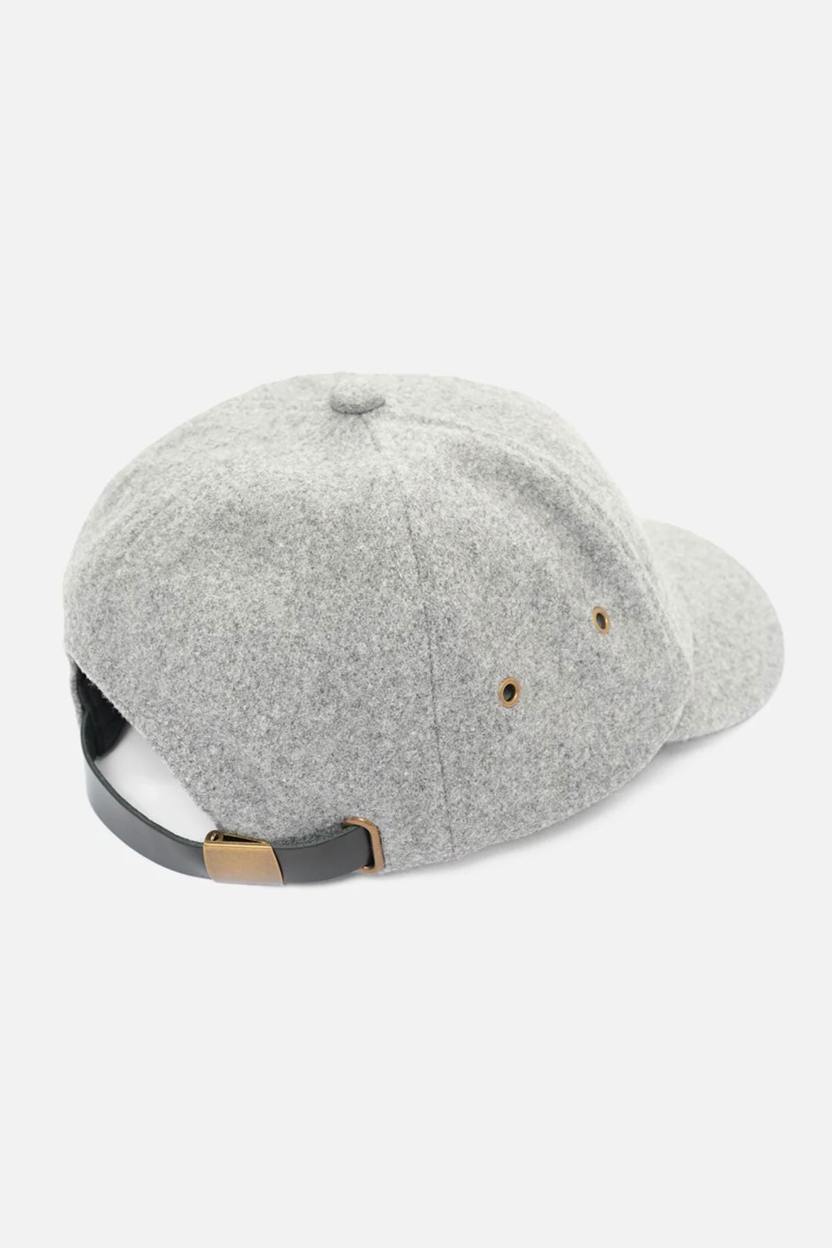 The Industrie The Claude Cap in light gray wool blend, shown from the back, features a black adjustable strap with bronze clasp and two side ventilation eyelets.