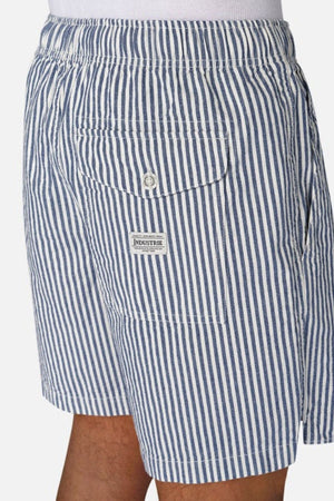 A person is wearing Industrie The New Southwest Short, which features blue and white vertical stripes and an elasticated waistband. The shorts also have a label reading "INDUSTRIE" on the back pocket set against a plain white background.