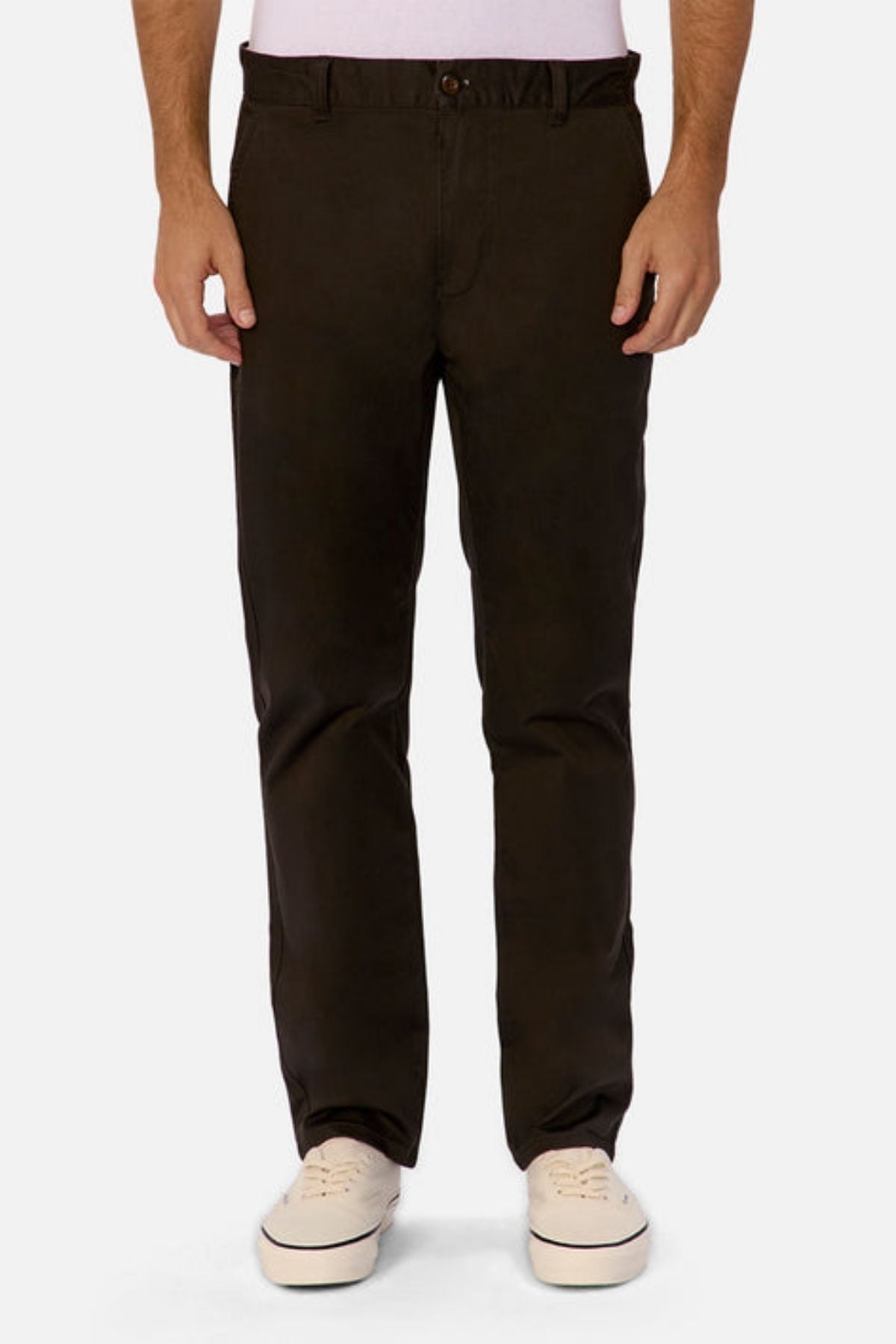 A person models the Industrie The Regular Cuba Chino Pant, made from stretch cotton blend, paired with white sneakers. Only the lower half is visible, highlighting the wider leg fit against a plain white background.
