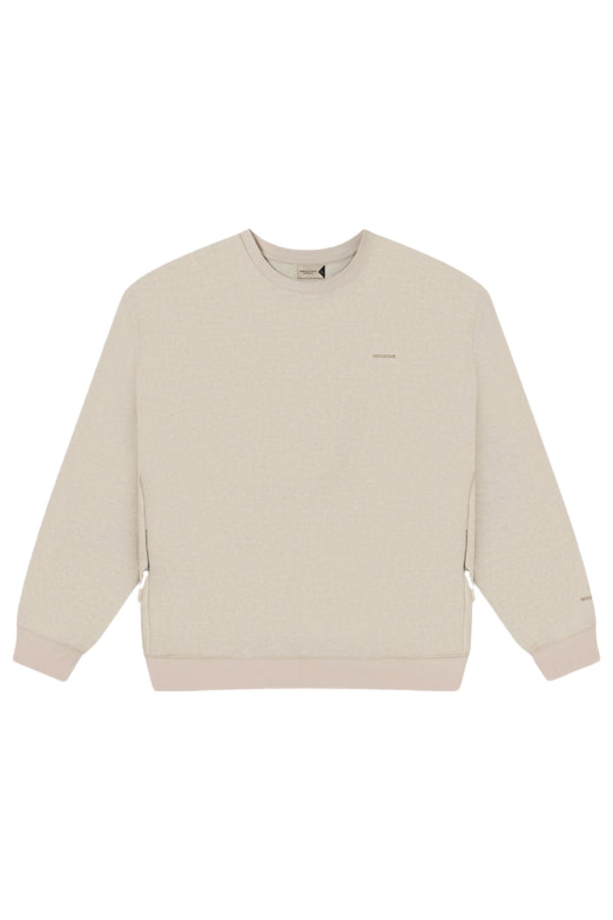 The Industrie The Tech Del Sur Sweat is a light beige crewneck sweatshirt with long sleeves, ribbed cuffs and hem, made from breathable fabric and shown flat on a white background.