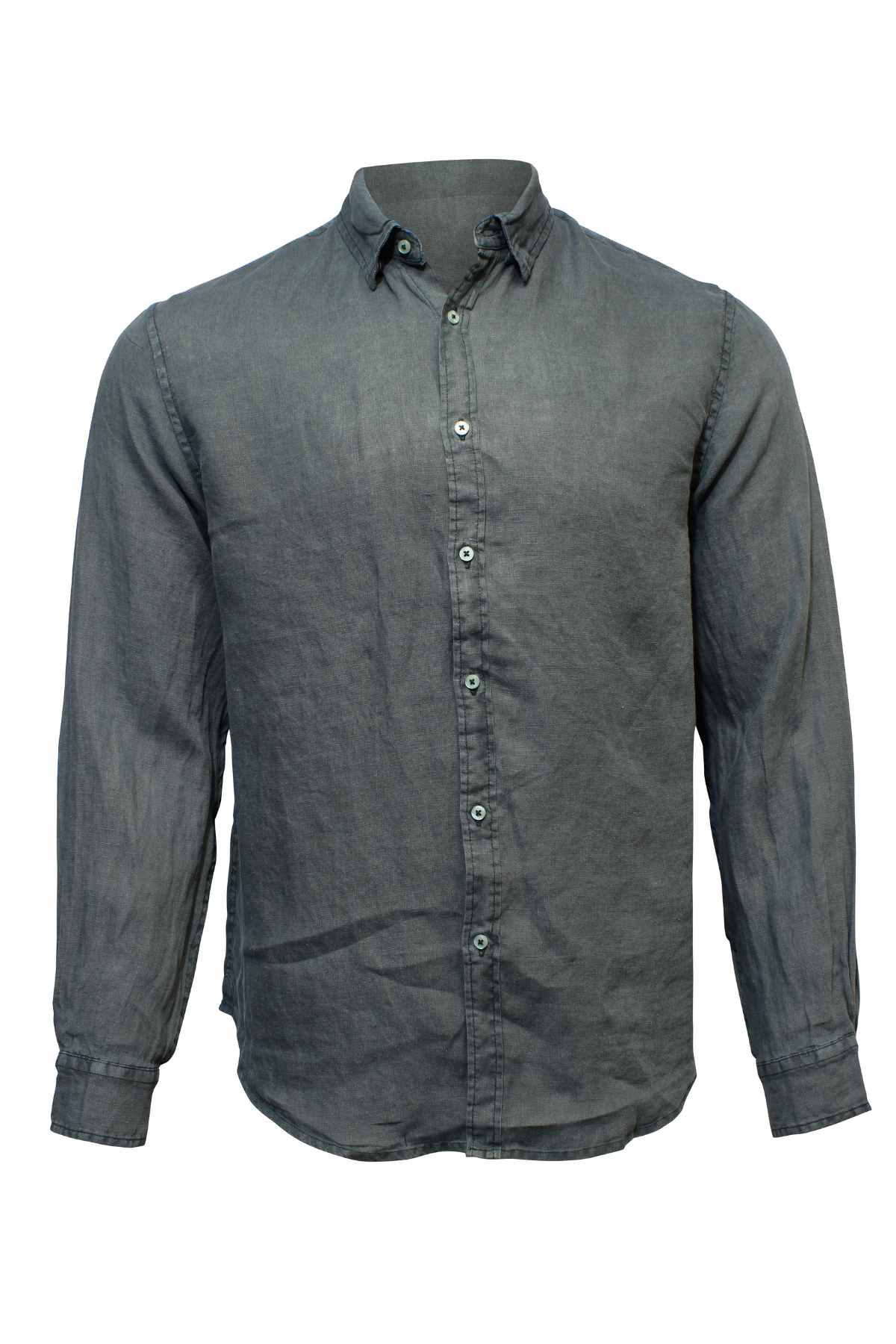 The Industrie Tennyson Linen Shirt is a long-sleeved, gray button-up made from casually wrinkled fabric. With a classic collar and relaxed fit, it blends modern comfort with timeless style for everyday wear.