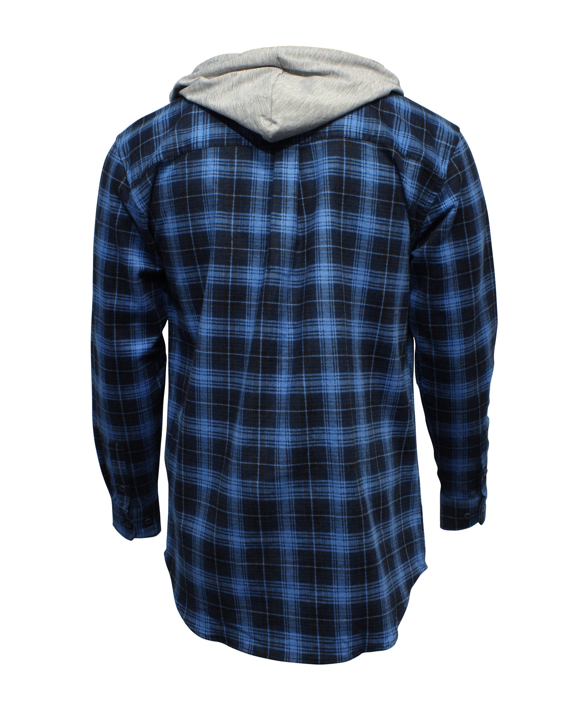 The Jack Smith Hooded Flannelette Shirt is a relaxed-fit, long-sleeve shirt with a blue and black plaid pattern. Made from premium cotton-polyester blend, it features a gray hood and adds style from the back view.