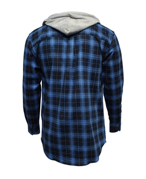 The Jack Smith Hooded Flannelette Shirt is a relaxed-fit, long-sleeve shirt with a blue and black plaid pattern. Made from premium cotton-polyester blend, it features a gray hood and adds style from the back view.