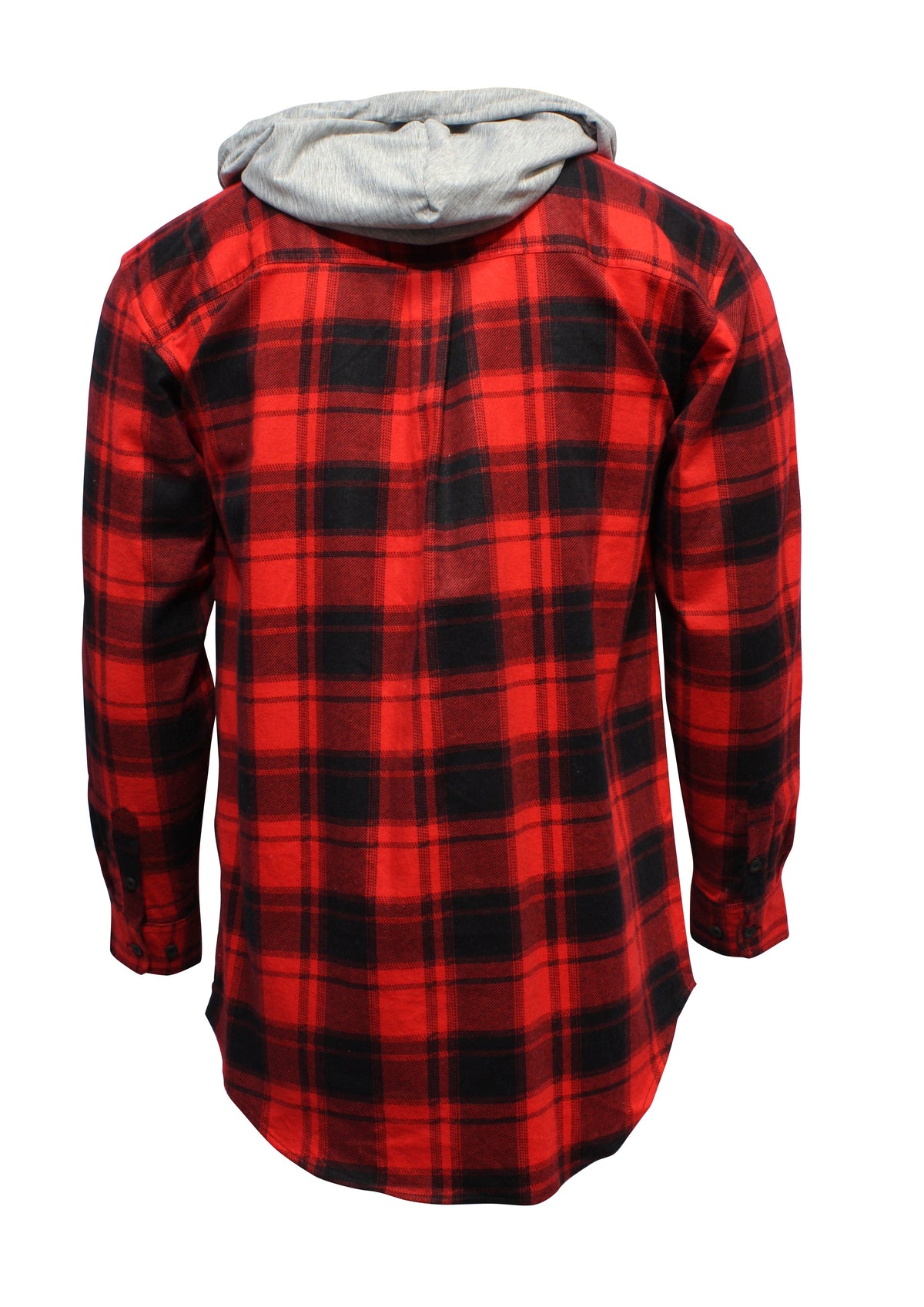 Back view of the Jack Smith Hooded Flannelette Shirt in red and black plaid with a gray hood. Made from a premium cotton-polyester blend, it features buttoned chest pockets, curved hem, and buttoned cuffs.