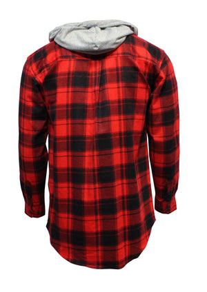 Back view of the Jack Smith Hooded Flannelette Shirt in red and black plaid with a gray hood. Made from a premium cotton-polyester blend, it features buttoned chest pockets, curved hem, and buttoned cuffs.