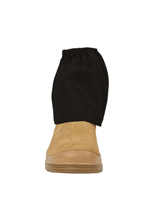 Front view of a tan suede and rubber boot, with a JBs Boot Cover in black fabric protecting the ankle and part of the boot, isolated on a white background.