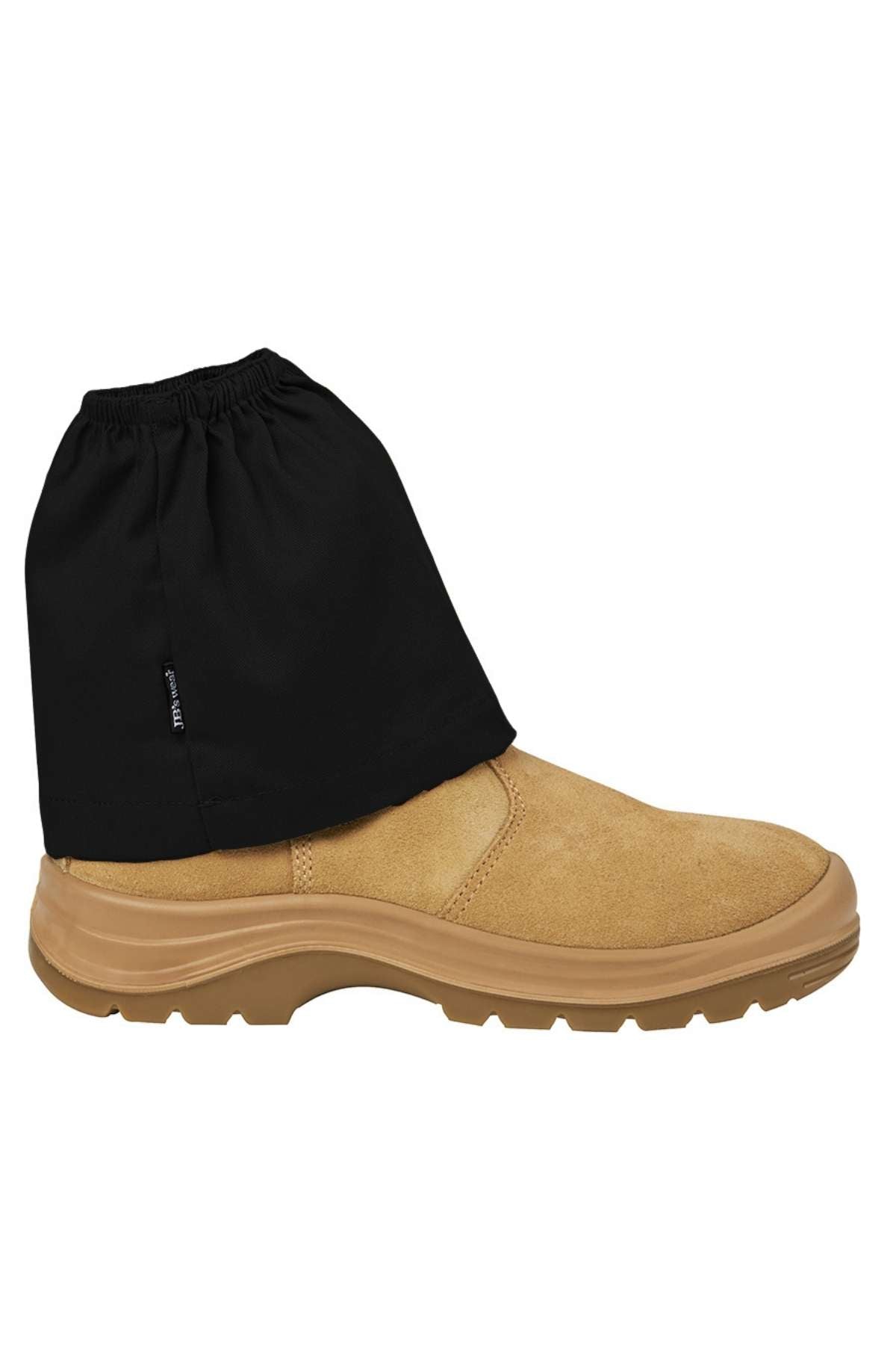 A tan work boot with a thick rubber sole is shown with the JBs Boot Cover, a black Cotton Drill gaiter that extends above the ankle to provide protection. The background is plain white.