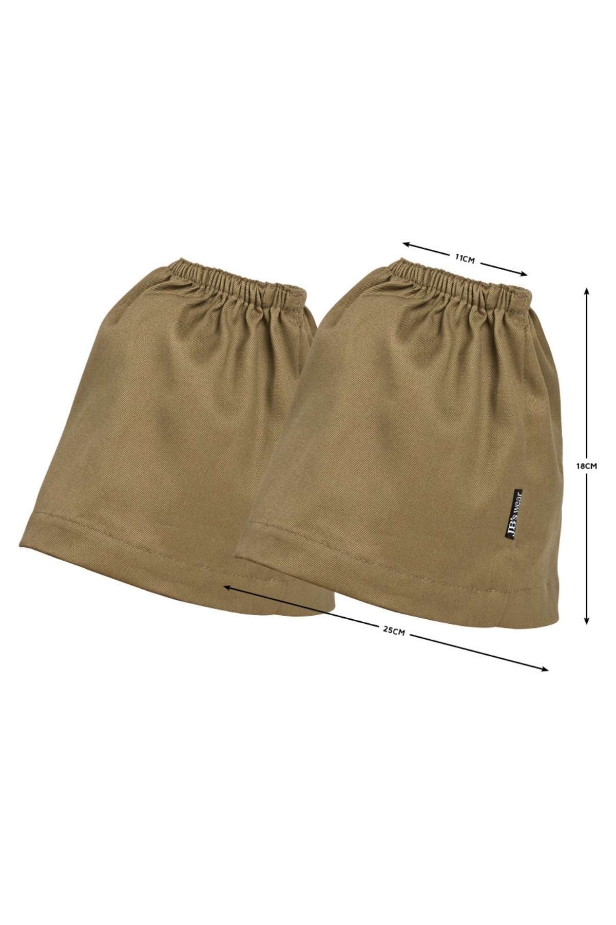 Two JBs Boot Covers in khaki cotton drill, each with an elastic top, are shown side by side. Black arrows indicate dimensions: 18cm tall, 25cm wide at base, 11cm wide at top. A small label is attached to one boot cover.