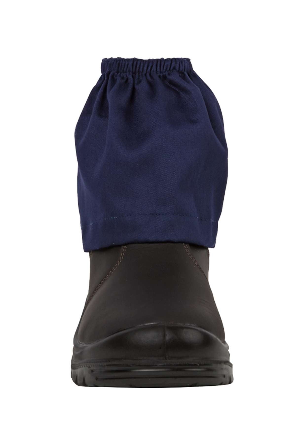 A front view of a black shoe wearing a blue JBs Boot Cover, made from cotton drill, around the ankle on a plain white background.