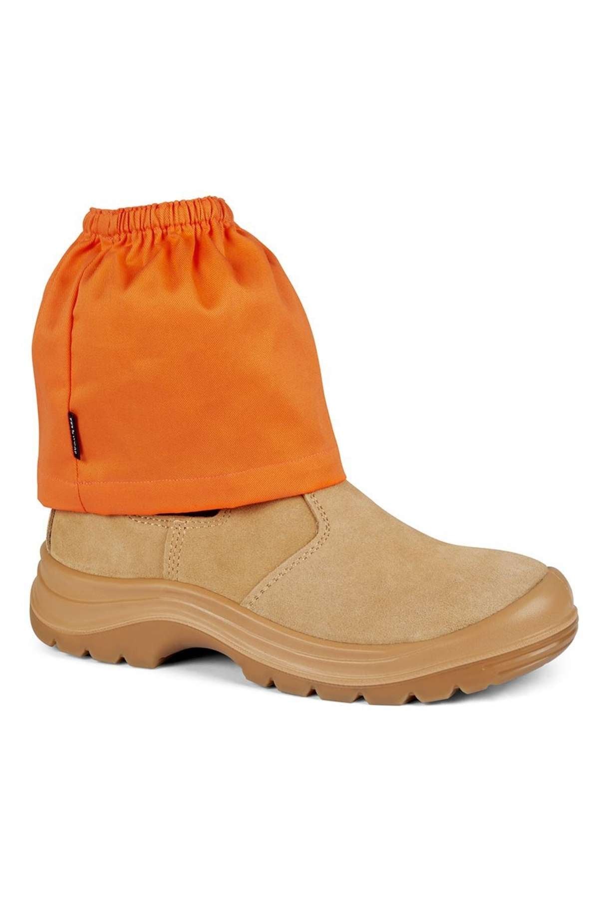 The JBs Boot Cover is a bright orange protector that fits over the ankle area of tan work boots with rugged soles.