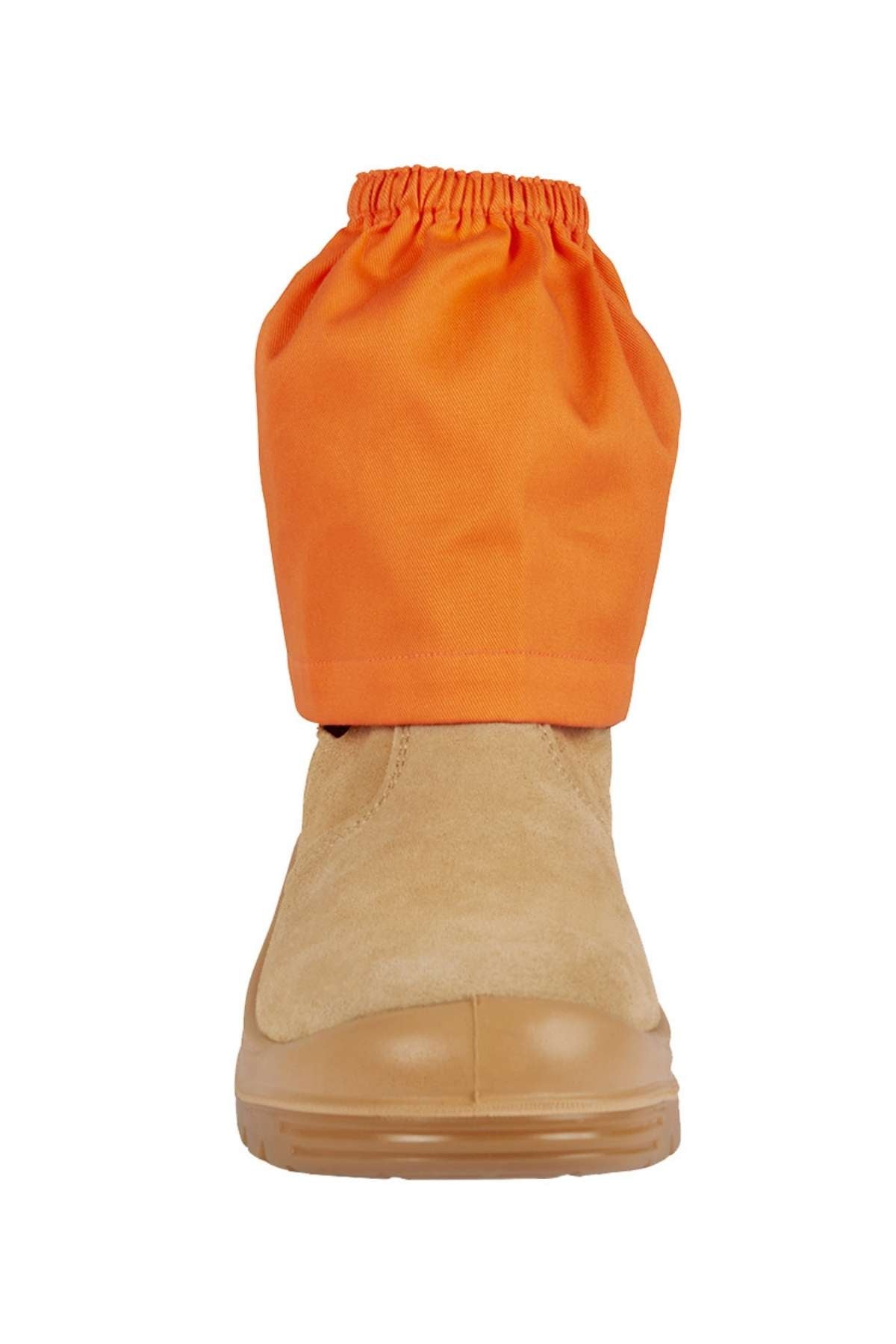 JBs Boot Cover, a vibrant orange protector made from durable cotton drill with an elastic top, is shown on a tan work boot from the front against a white background.