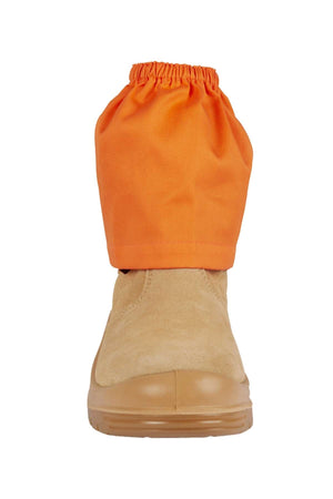 JBs Boot Cover, a vibrant orange protector made from durable cotton drill with an elastic top, is shown on a tan work boot from the front against a white background.