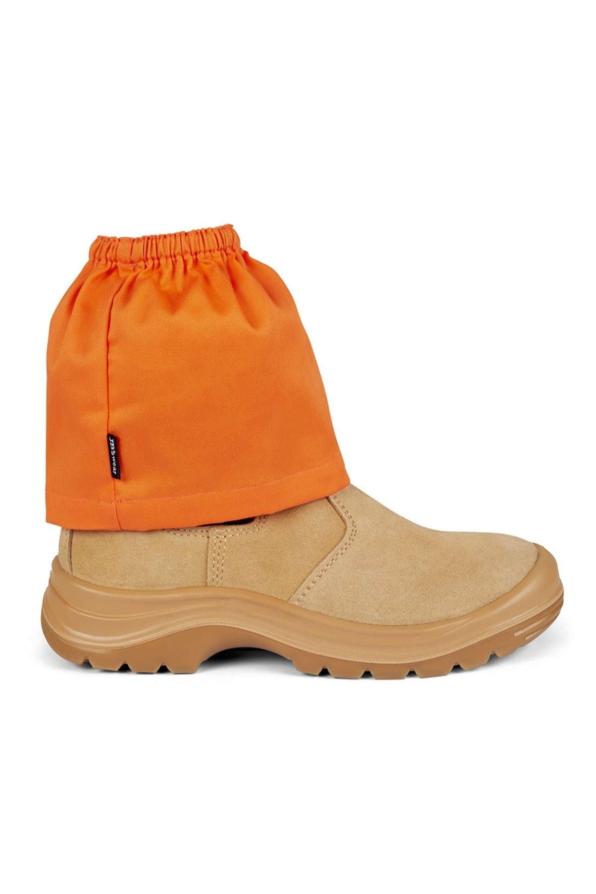The JBs Boot Cover is a bright orange cotton drill gaiter worn over the ankle to protect boots, secured at the top with an elastic band. It fits over tan suede work boots with thick rubber soles.