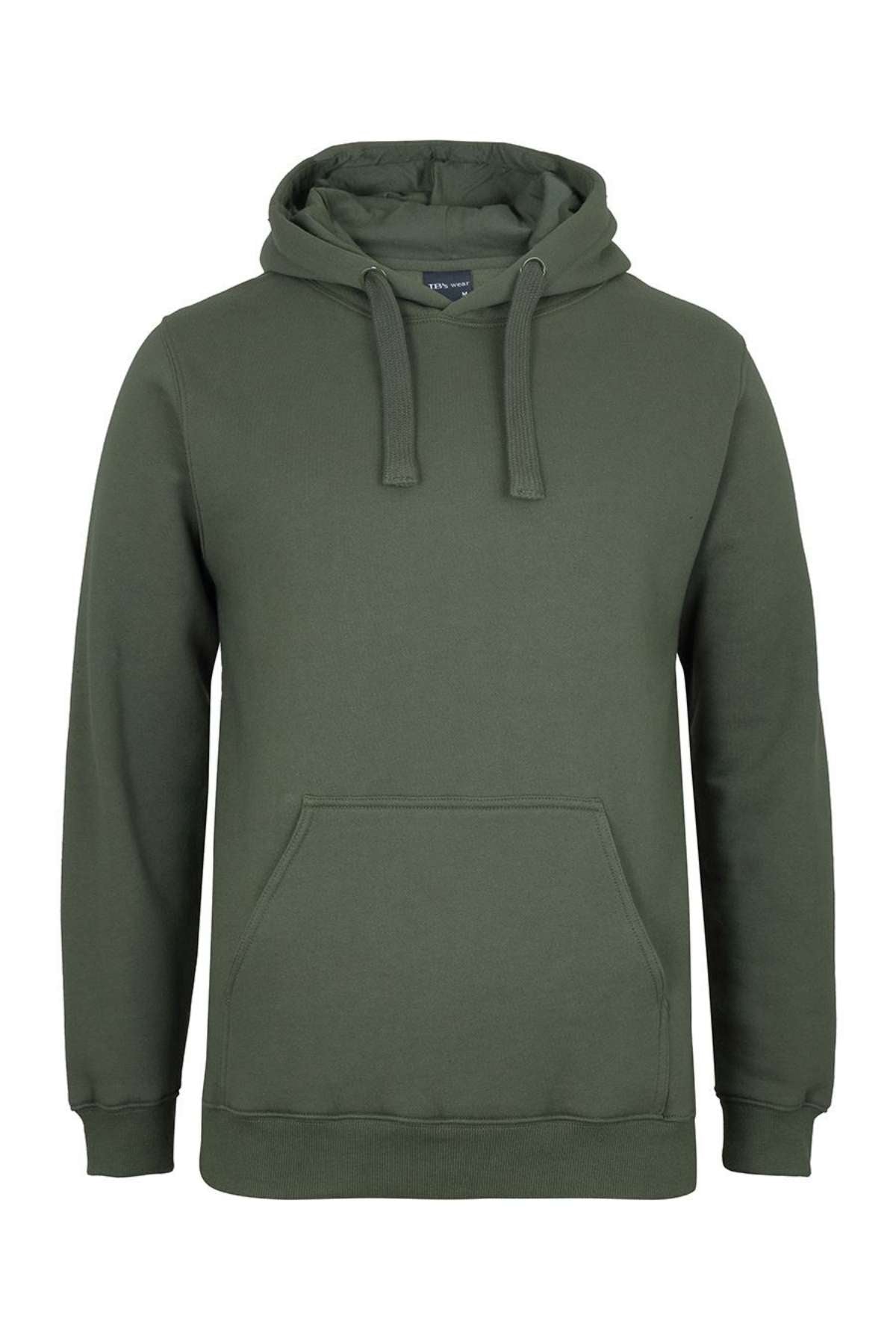 The JBs Fleecy Hoodie is a plain olive green casual hoodie featuring a front pocket and drawstrings, displayed against a white background.