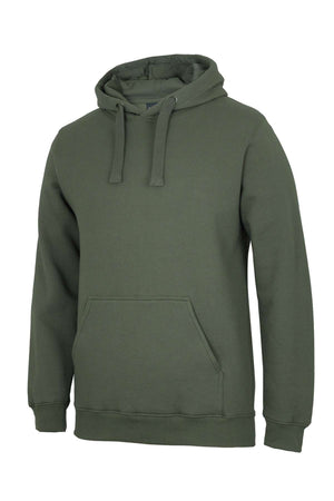 The JBs Fleecy Hoodie is a plain olive green casual hoodie featuring a front kangaroo pocket and drawstrings, shown on a white background.