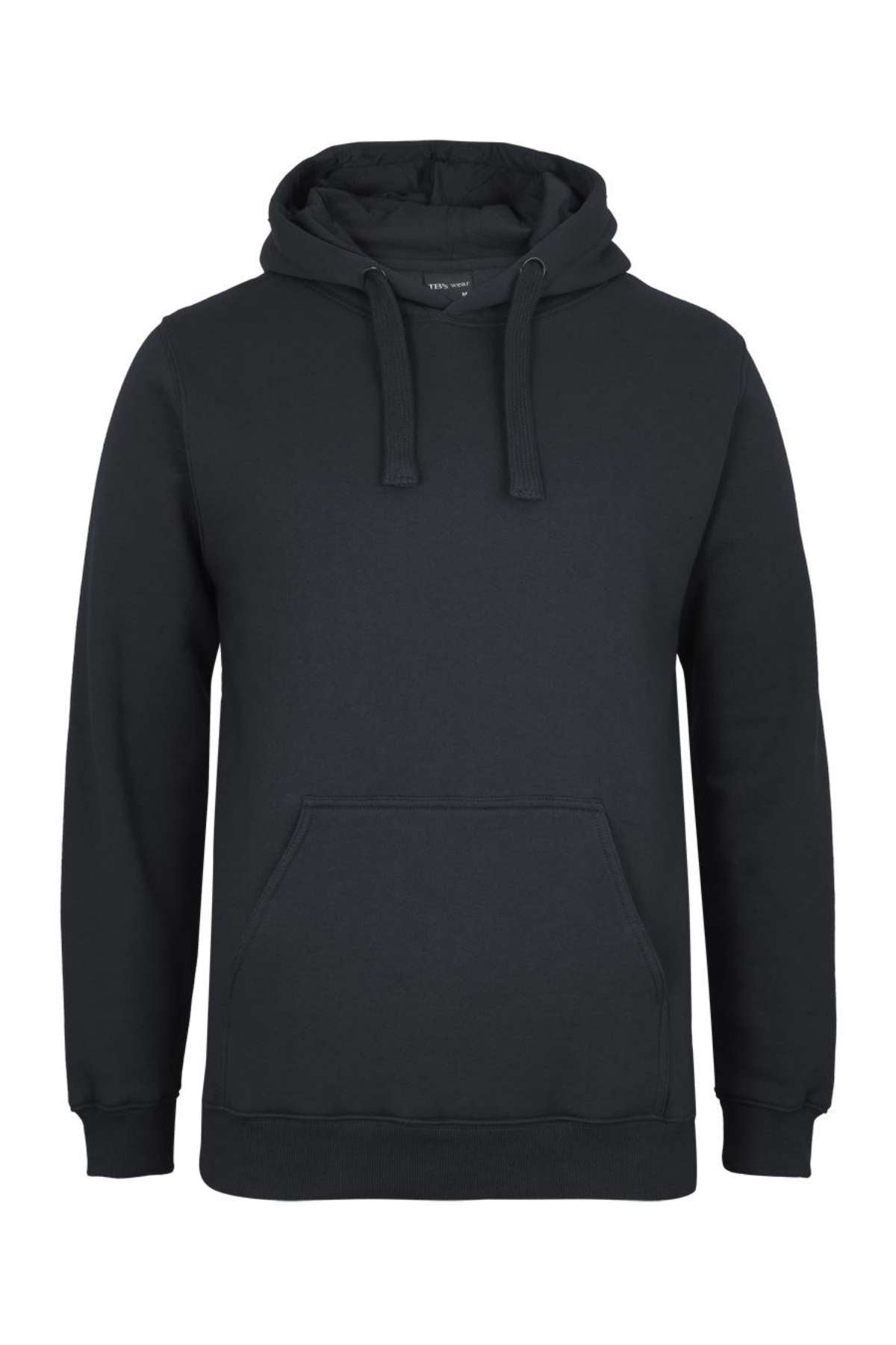 The JBs Fleecy Hoodie is a plain black pullover featuring a front pocket, drawstrings, and rib knit cuffs, shown against a white background.