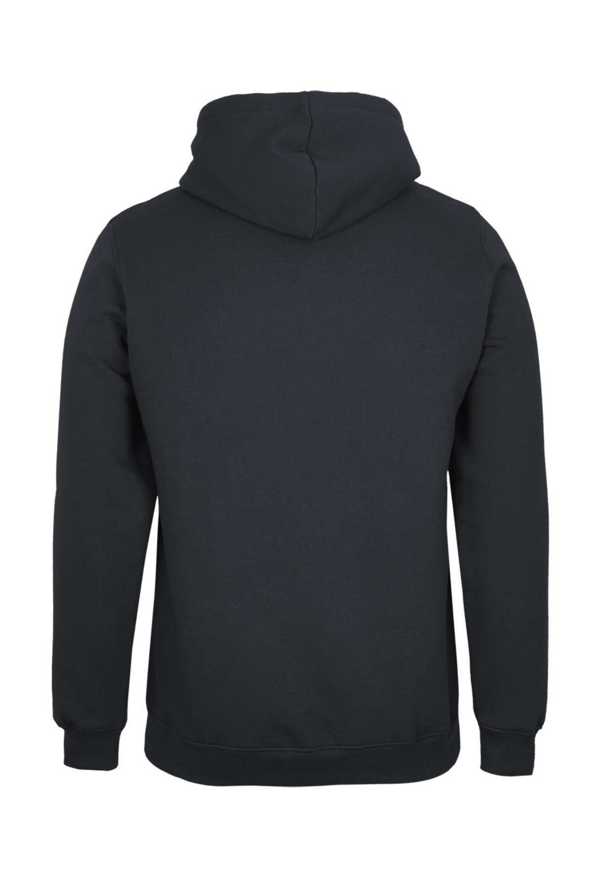 The JBs Fleecy Hoodie is shown from the back in plain black, featuring long sleeves with rib knit cuffs, a relaxed fit, and an up hood. The soft, smooth fabric has no visible logos, designs, or pockets.