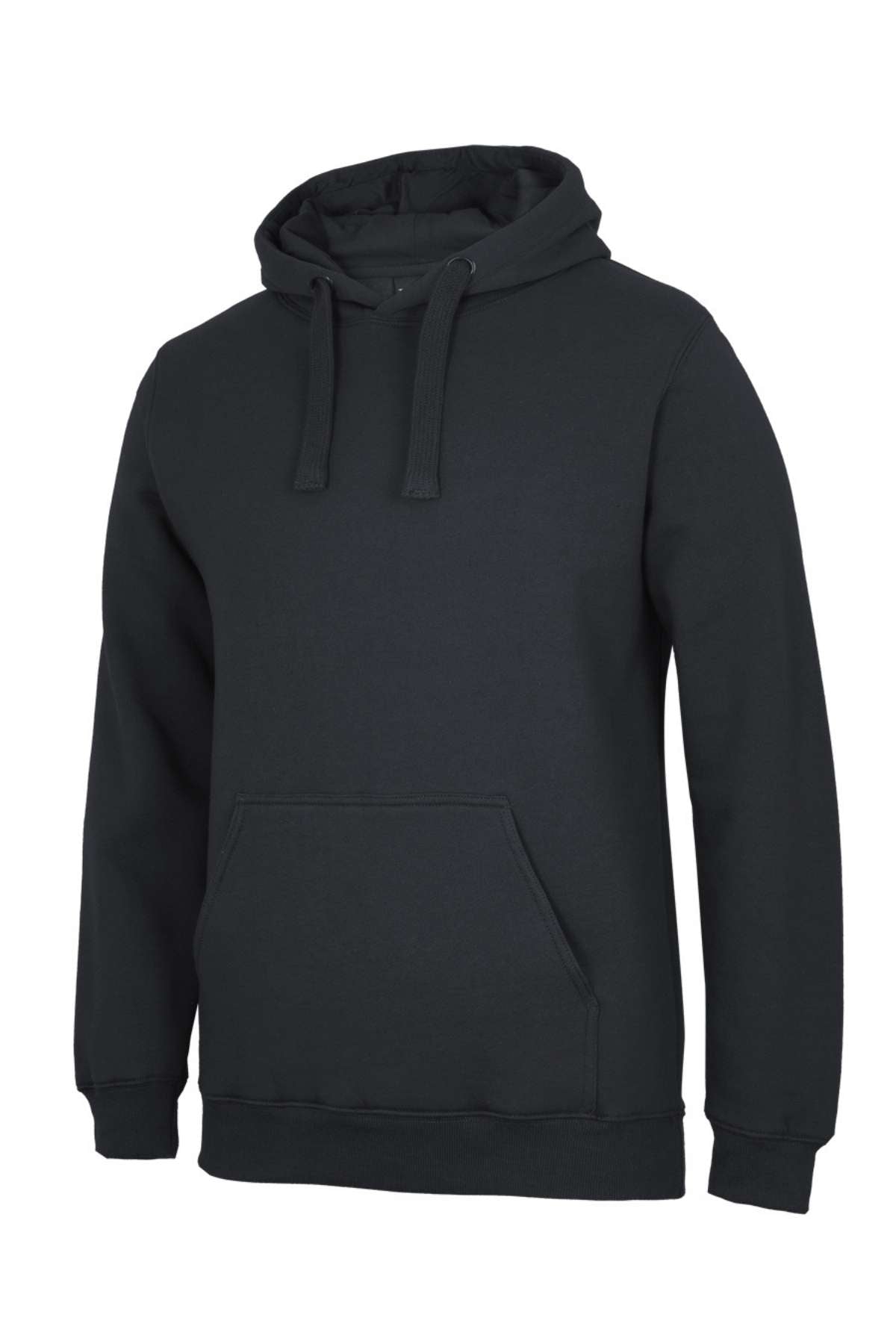 The JBs Fleecy Hoodie is a plain black hoodie featuring a front pocket, drawstrings, and rib knit cuffs, shown on a white background.