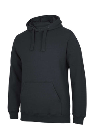 The JBs Fleecy Hoodie is a plain black hoodie featuring a front pocket, drawstrings, and rib knit cuffs, shown on a white background.