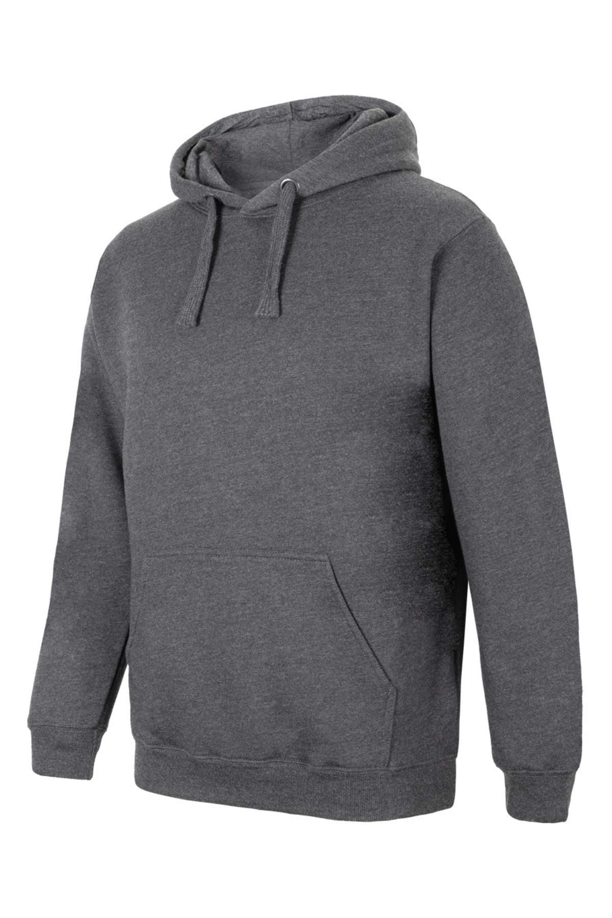 A JBs Fleecy Hoodie in plain dark gray, featuring a front kangaroo pocket and drawstrings, is displayed on a white background.