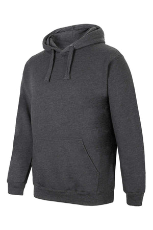 The JBs Fleecy Hoodie, in plain dark gray cotton-polyester with a soft fleece lining, front pocket, and drawstrings, is shown on a white background.