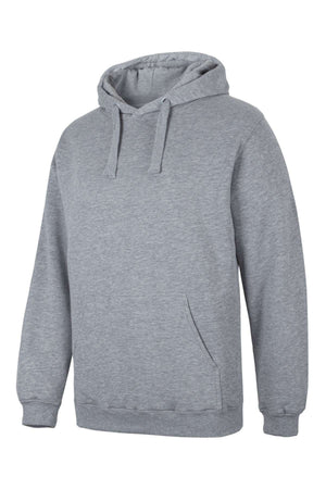 The JBs Fleecy Hoodie is shown on a white background, featuring a plain gray design with a front kangaroo pocket, adjustable drawstring, and soft fleece lining.