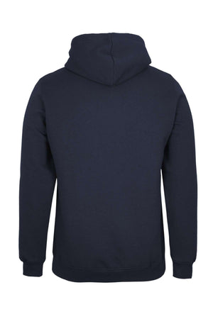 The JBs Fleecy Hoodie is a plain, dark navy blue casual hoodie seen from the back, featuring long sleeves, a hood, ribbed cuffs and waistband, and soft fleece lining for comfort.