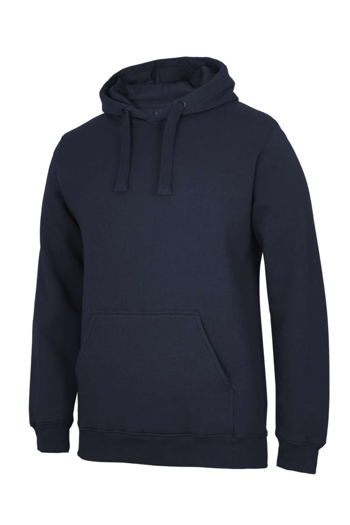The JBs Fleecy Hoodie is a plain, dark navy blue casual hoodie featuring a front kangaroo pocket, drawstrings, and a cozy fleece lining, shown on a white background.