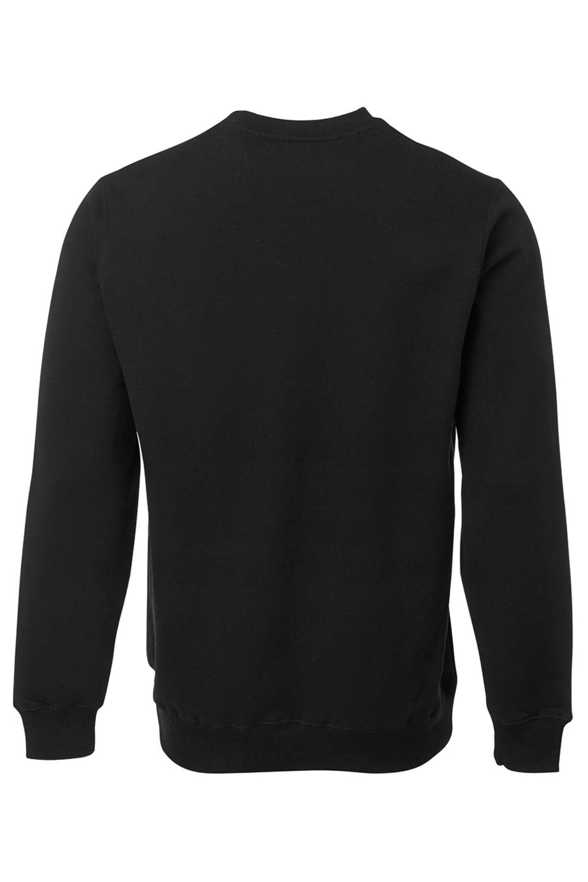 The JBs Fleecy Sweat is a plain black long-sleeve jumper shown from the back, made from a soft Cotton/Polyester blend with ribbed cuffs and hem, featuring no visible logos—ideal for everyday comfort.
