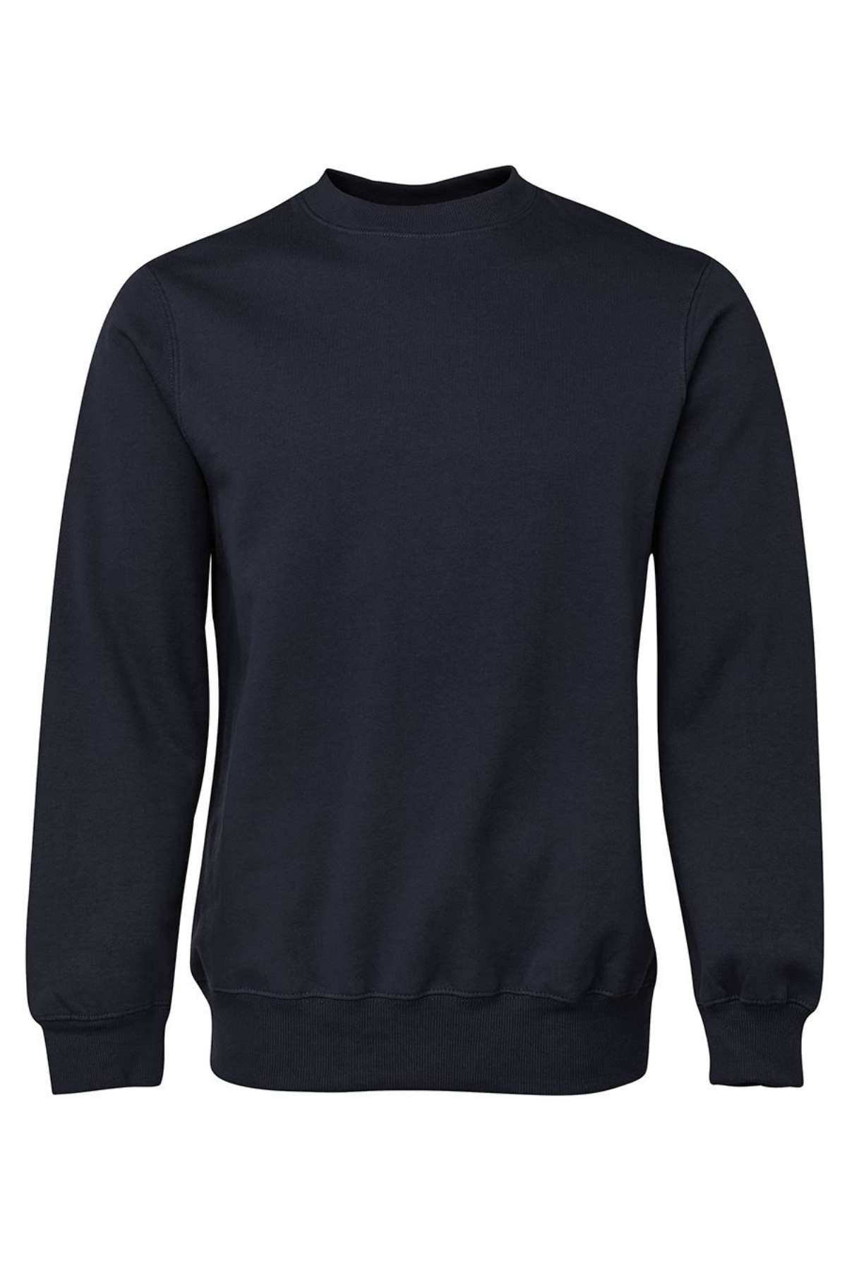 The JBs Fleecy Sweat is a plain black crewneck jumper with long sleeves, ribbed cuffs, and a ribbed waistband, made from a soft cotton/polyester blend, shown against a white background.