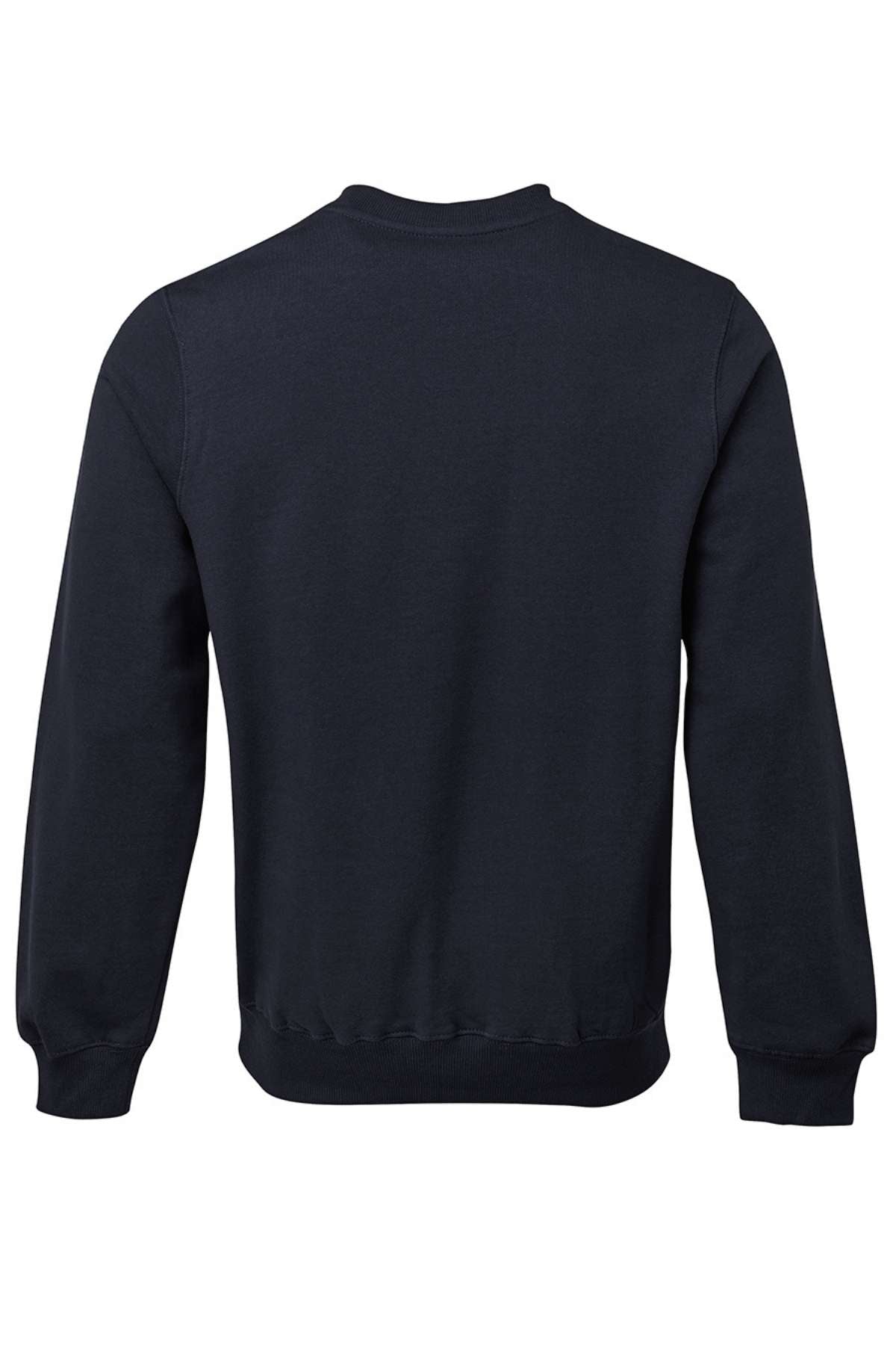 The JBs Fleecy Sweat is a plain black long-sleeve jumper shown from the back, featuring a crew neckline, ribbed cuffs and hem, made from a comfortable cotton/polyester blend.