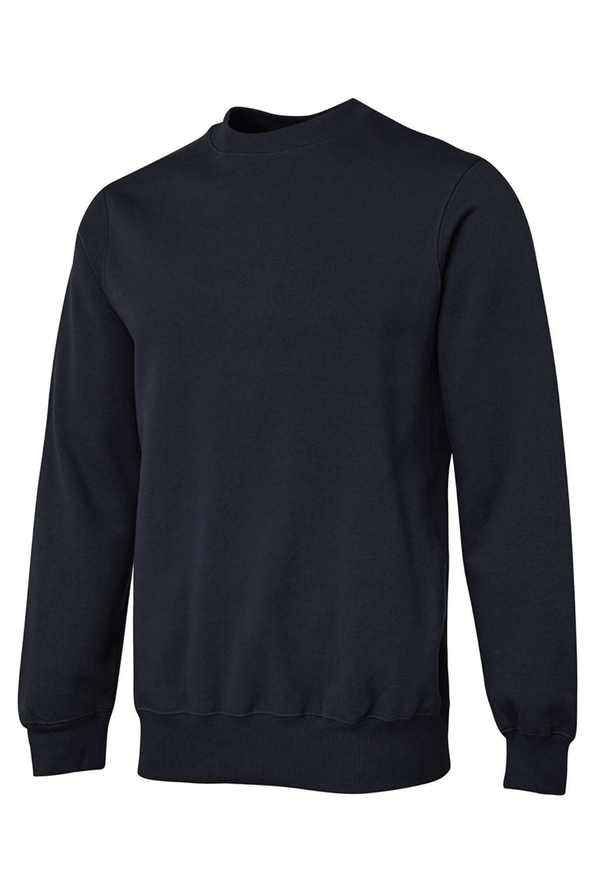 The JBs Fleecy Sweat is a plain black crewneck jumper made from a soft Cotton/Polyester blend. It features long sleeves, ribbed cuffs and hem, and a comfortable, simple design with no logos or patterns, shown on a white background.