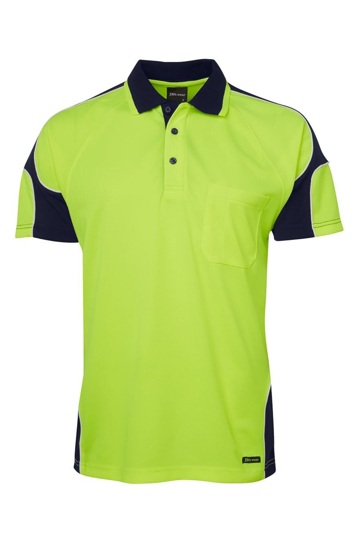 The JBs Hi Vis Arm Panel Polo is a short-sleeve polo with a neon yellow front, black collar and shoulders, black sleeve accents, reflective piping for safety, and a handy chest pocket.