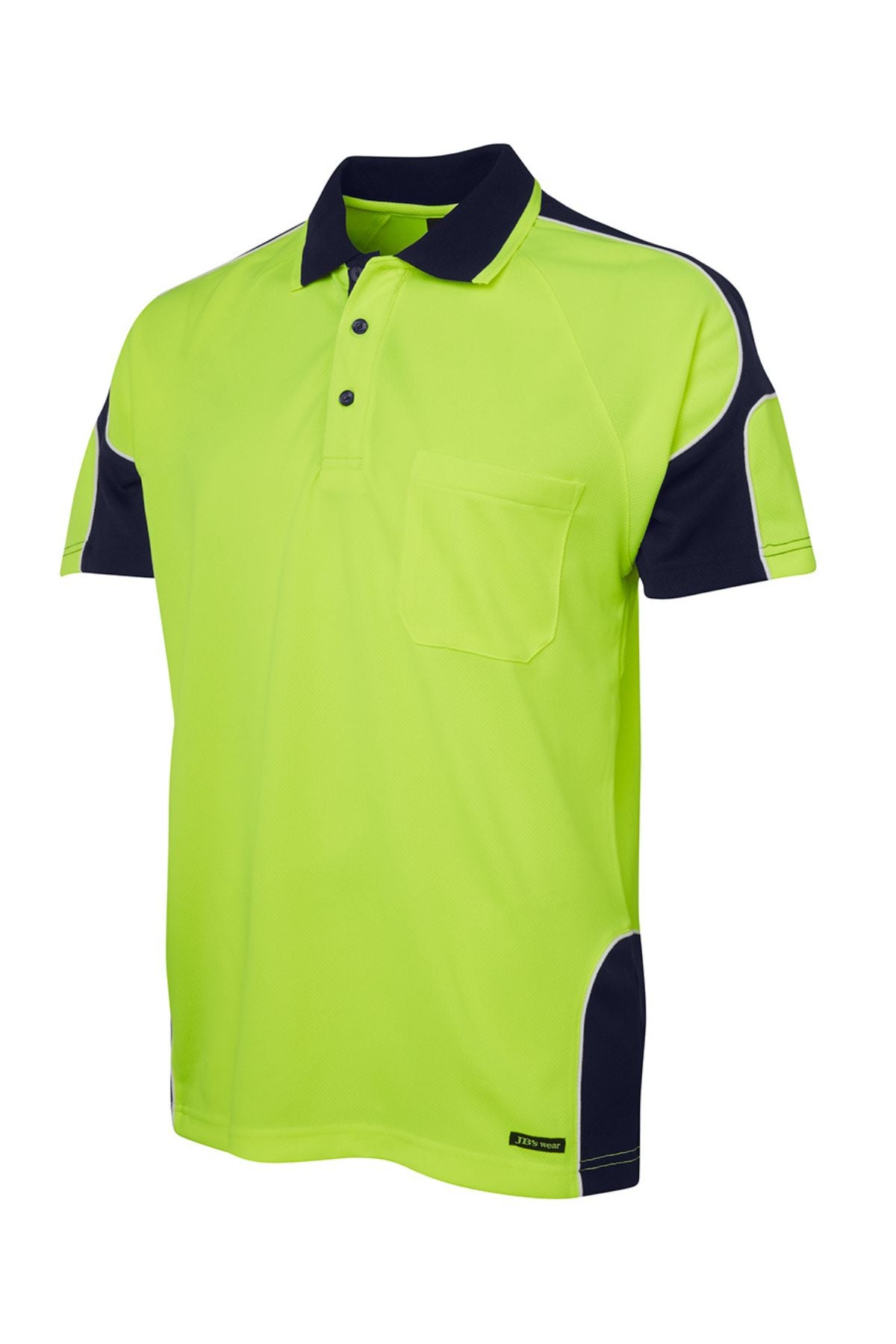 The JBs Hi Vis Arm Panel Polo is a short-sleeved, yellow-green polo shirt with navy accents on the collar, sleeves, and sides. It features reflective piping for visibility, a chest pocket, and a three-button collar.