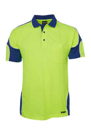 The JBs Hi Vis Arm Panel Polo features a bright yellow-green body, blue collar, blue sleeve and side panels, reflective piping for visibility, and a left chest pocket.