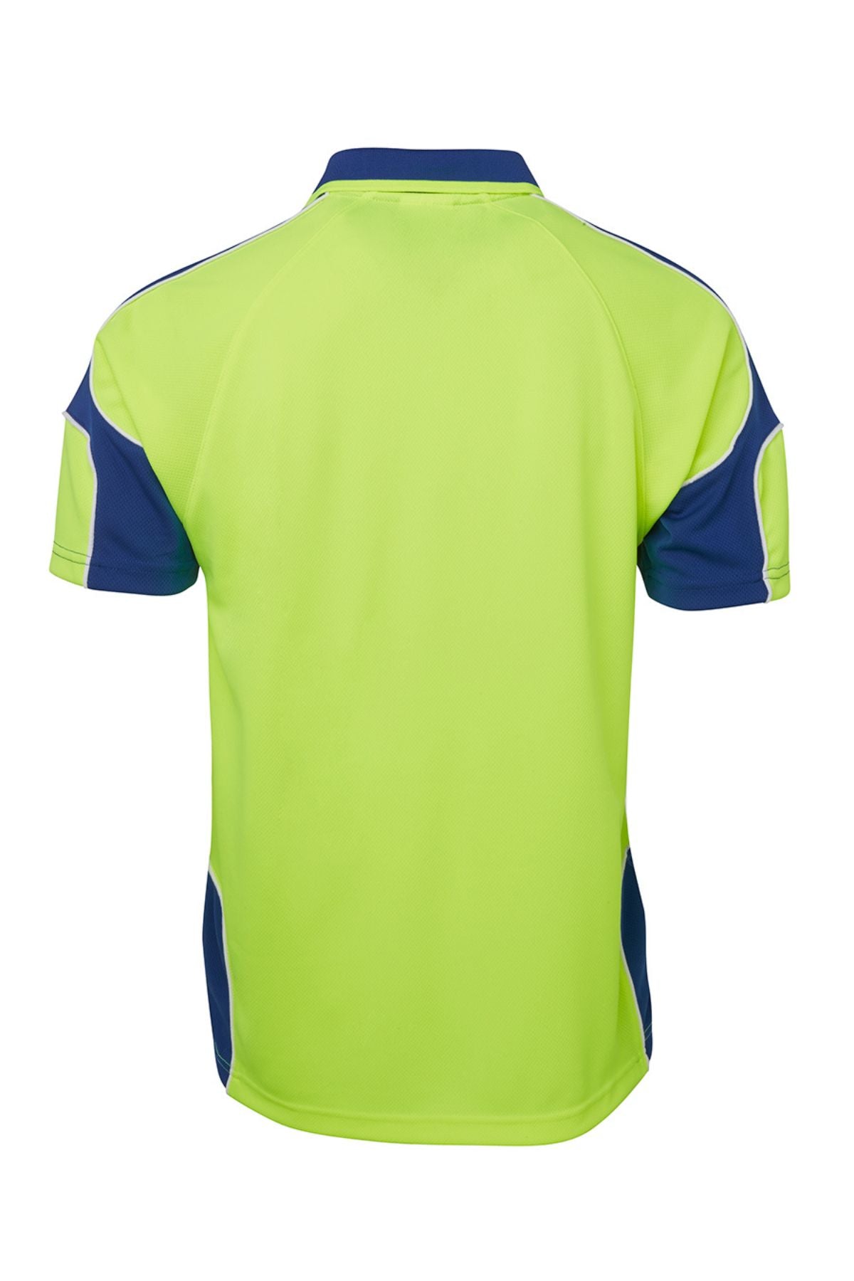 Back view of the JBs Hi Vis Arm Panel Polo, a short-sleeved, collared shirt in bright green with dark blue accents on the sleeves, sides, and collar, plus subtle reflective piping for added visibility.