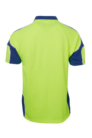 Back view of the JBs Hi Vis Arm Panel Polo, a short-sleeved, collared shirt in bright green with dark blue accents on the sleeves, sides, and collar, plus subtle reflective piping for added visibility.