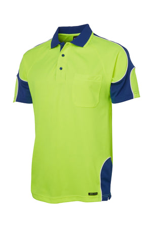 The JBs Hi Vis Arm Panel Polo is a short-sleeved shirt in bright lime green with dark blue collar, sleeve, and side accents, featuring reflective piping for extra style and a small left chest pocket.