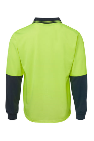 The JBs Hi Vis L/S Traditional Polo is a durable, long-sleeve yellow work shirt with dark navy panels on the sleeves and collar, made from polyester and displayed from the back against a plain white background.