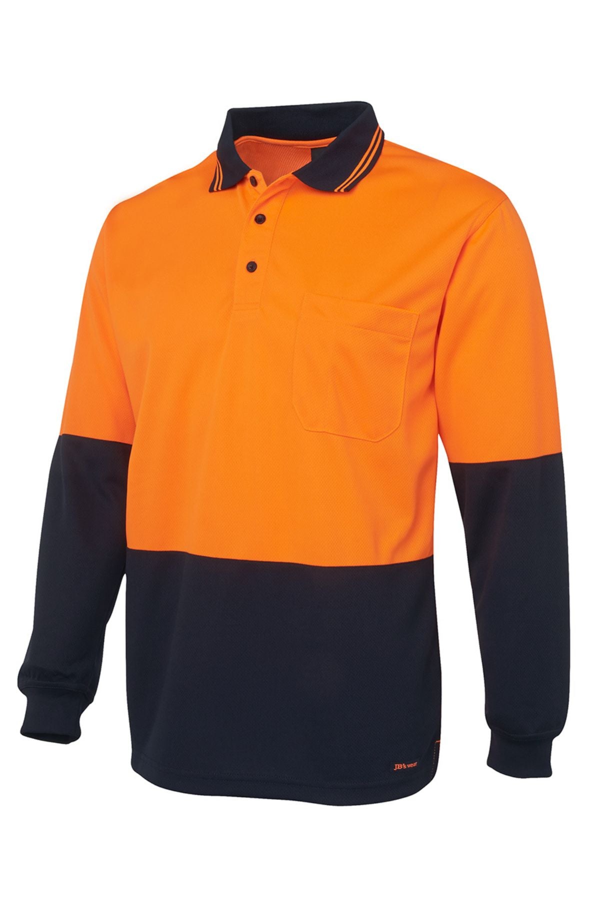 The JBs Hi Vis L/S Traditional Polo features a bright orange top, black lower section, collar, three buttons, chest pocket, and black cuffs. Made from durable polyester for lasting comfort and high visibility at work.