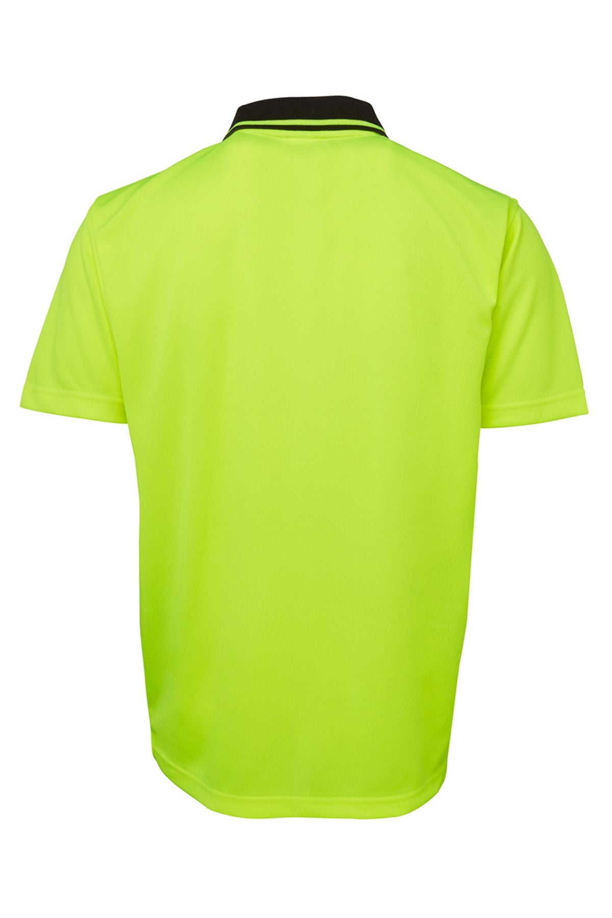 The JBs Hi Vis Non Cuff Traditional Polo is a bright yellow short-sleeve polo with a black collar, made from 100% polyester and shown from the back against a white background.
