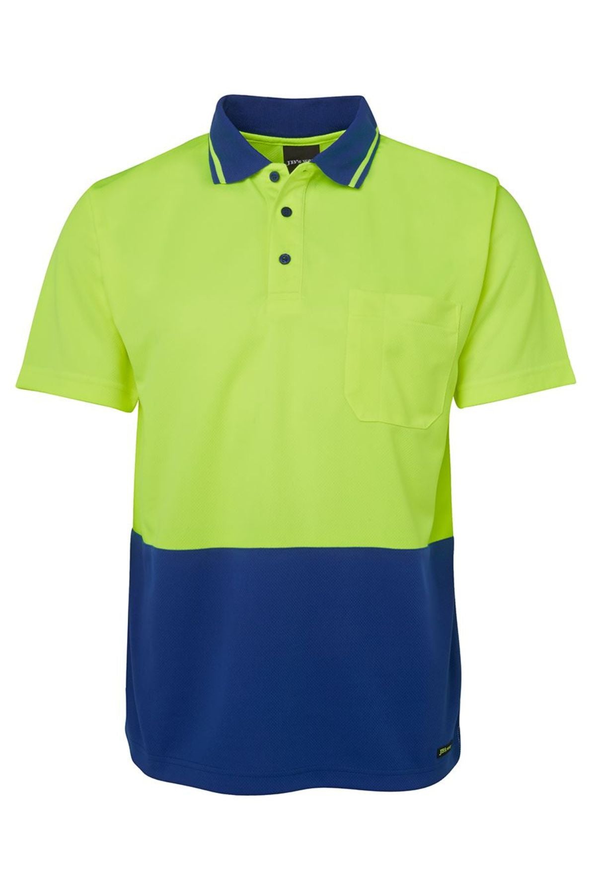 The JBs Hi Vis Non Cuff Traditional Polo is a short-sleeved shirt made from 100% polyester, featuring a fluorescent yellow top, deep blue bottom, chest pocket, and a collar with a subtle yellow stripe.