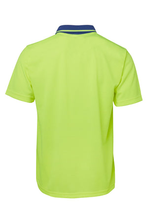 The JBs Hi Vis Non Cuff Traditional Polo is a short-sleeved, bright yellow 100% polyester polo with a dark blue collar and chest pocket, shown from the back on a white background.