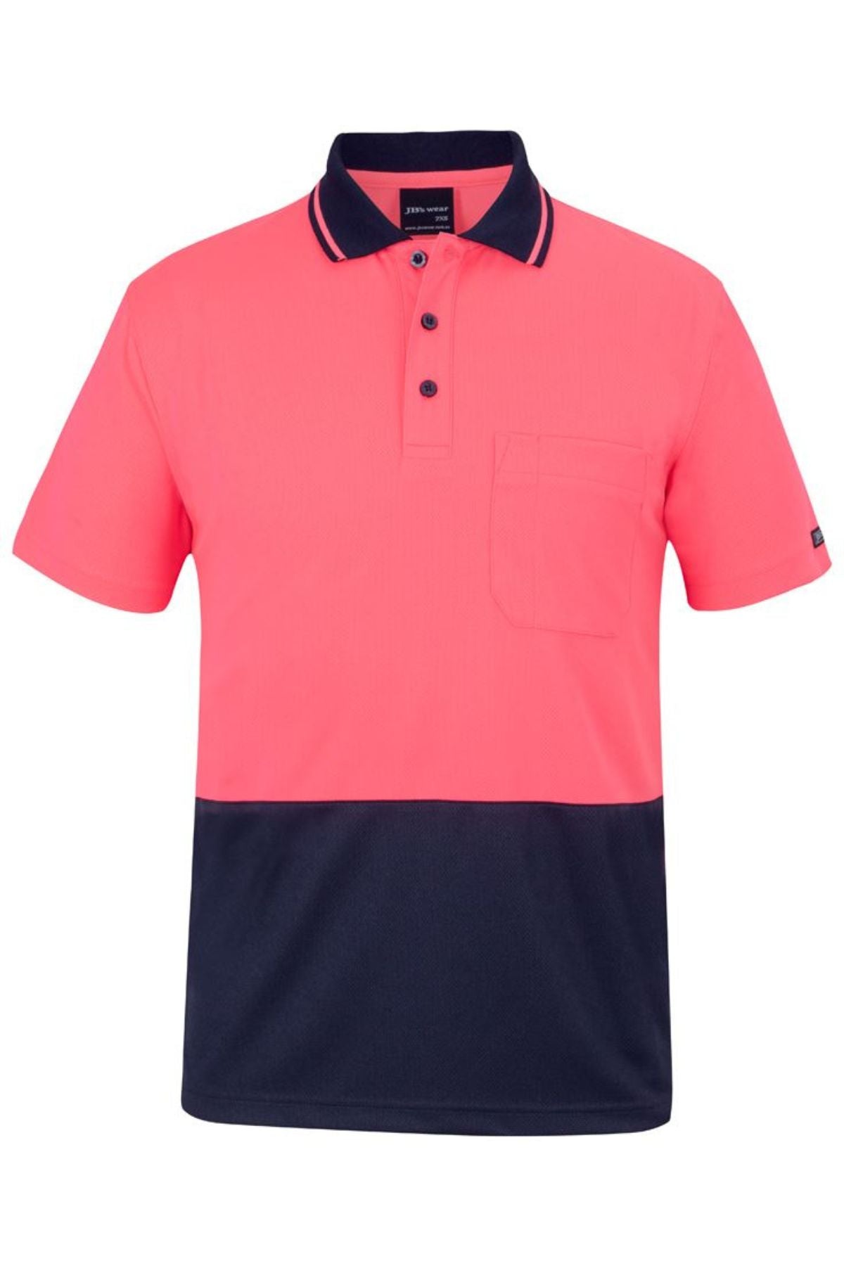 The JBs Hi Vis Non Cuff Traditional Polo is a stylish short-sleeve shirt with a bright pink upper half, navy blue lower half, left chest pocket, collar with three buttons, and is made from 100% polyester for comfort and durability.
