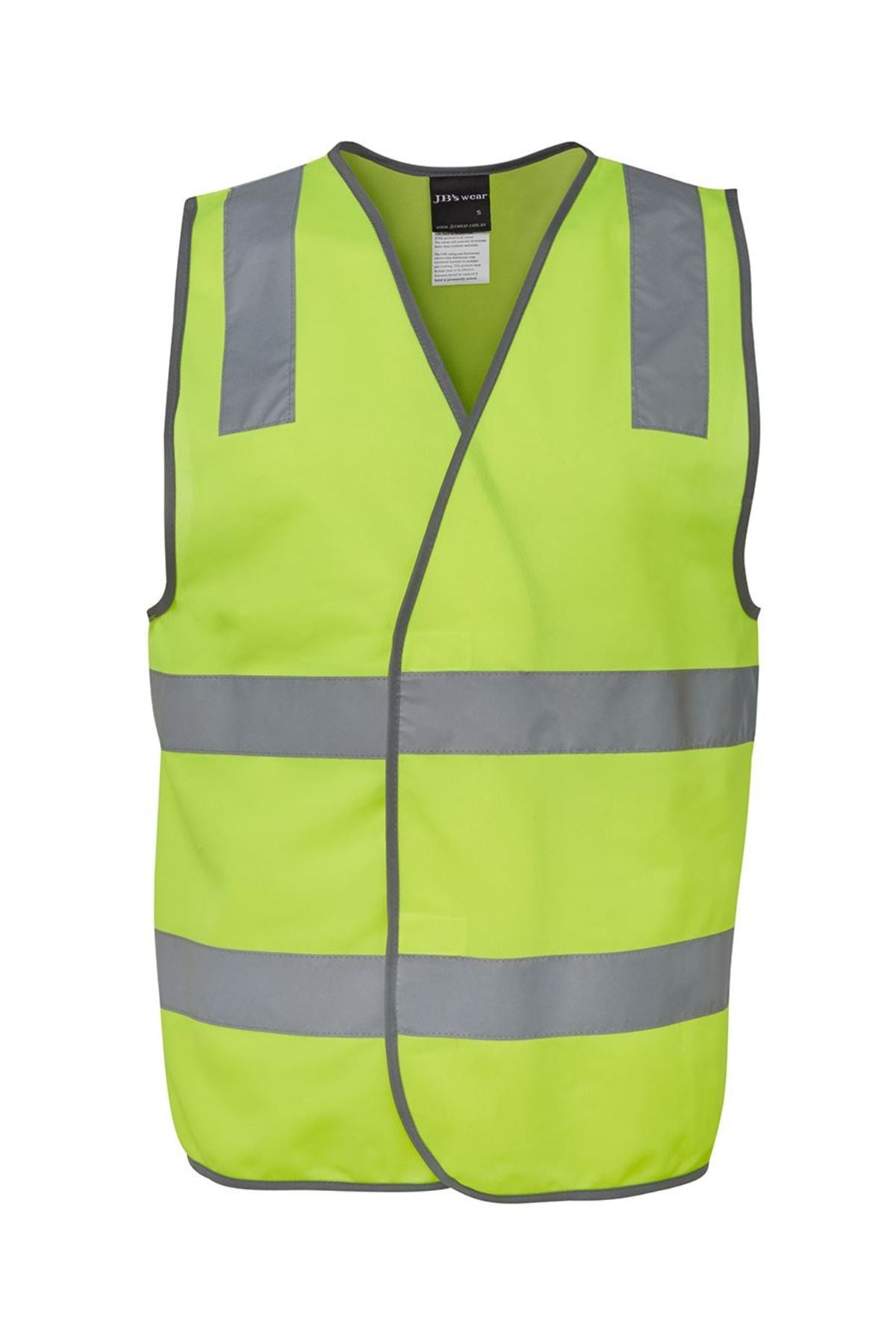 The JBs Hi Vis Safety Vest is a sleeveless, bright yellow polyester vest with gray reflective stripes on the chest, waist, and shoulders, shown against a plain white background.