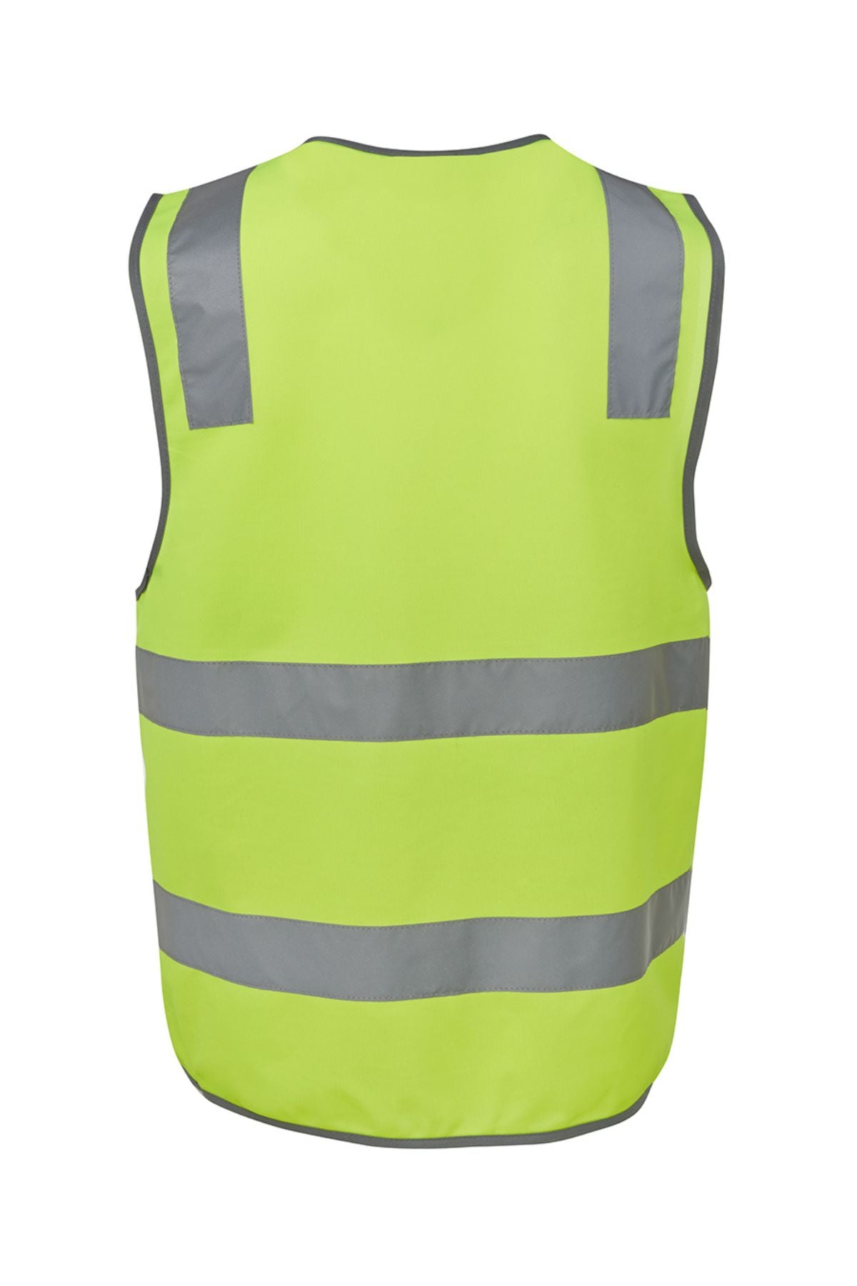 The JBs Hi Vis Safety Vest is a bright yellow polyester vest featuring two horizontal and two vertical reflective gray stripes, shown from the back on a white background.