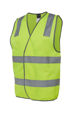 The JBs Hi Vis Safety Vest is a bright yellow-green polyester vest with reflective gray stripes on the chest, waist, and shoulders, shown against a white background.