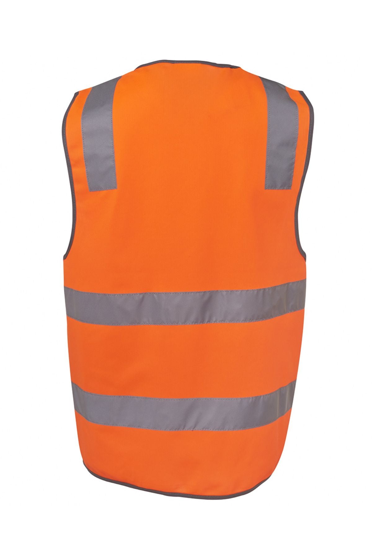 The JBs Hi Vis Safety Vest is an orange polyester vest featuring two horizontal and two vertical reflective gray stripes on the back, shown against a white background for maximum visibility and safety.
