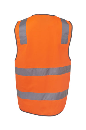 The JBs Hi Vis Safety Vest is an orange polyester vest featuring two horizontal and two vertical reflective gray stripes on the back, shown against a white background for maximum visibility and safety.