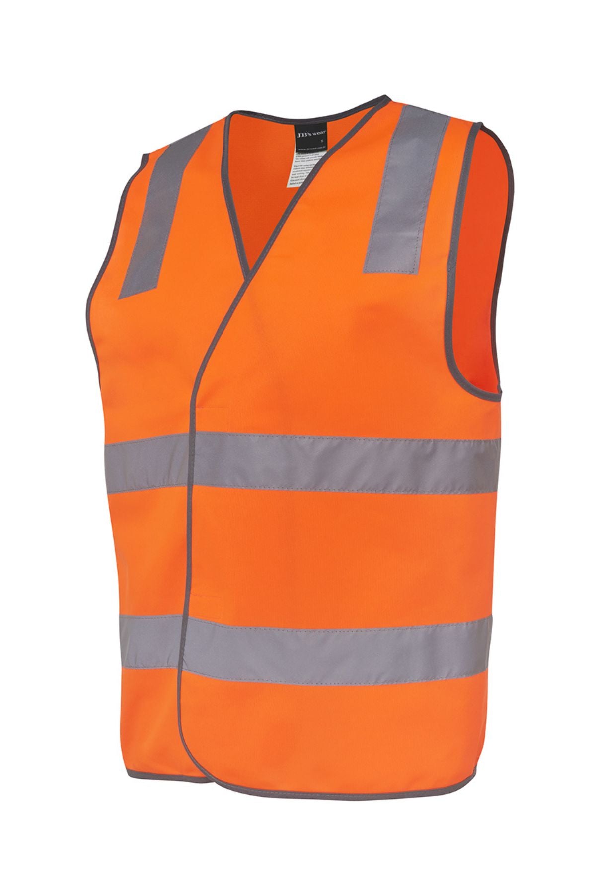 The JBs Hi Vis Safety Vest is a bright orange polyester vest with silver reflective stripes on the chest, waist, and shoulders, shown against a white background.